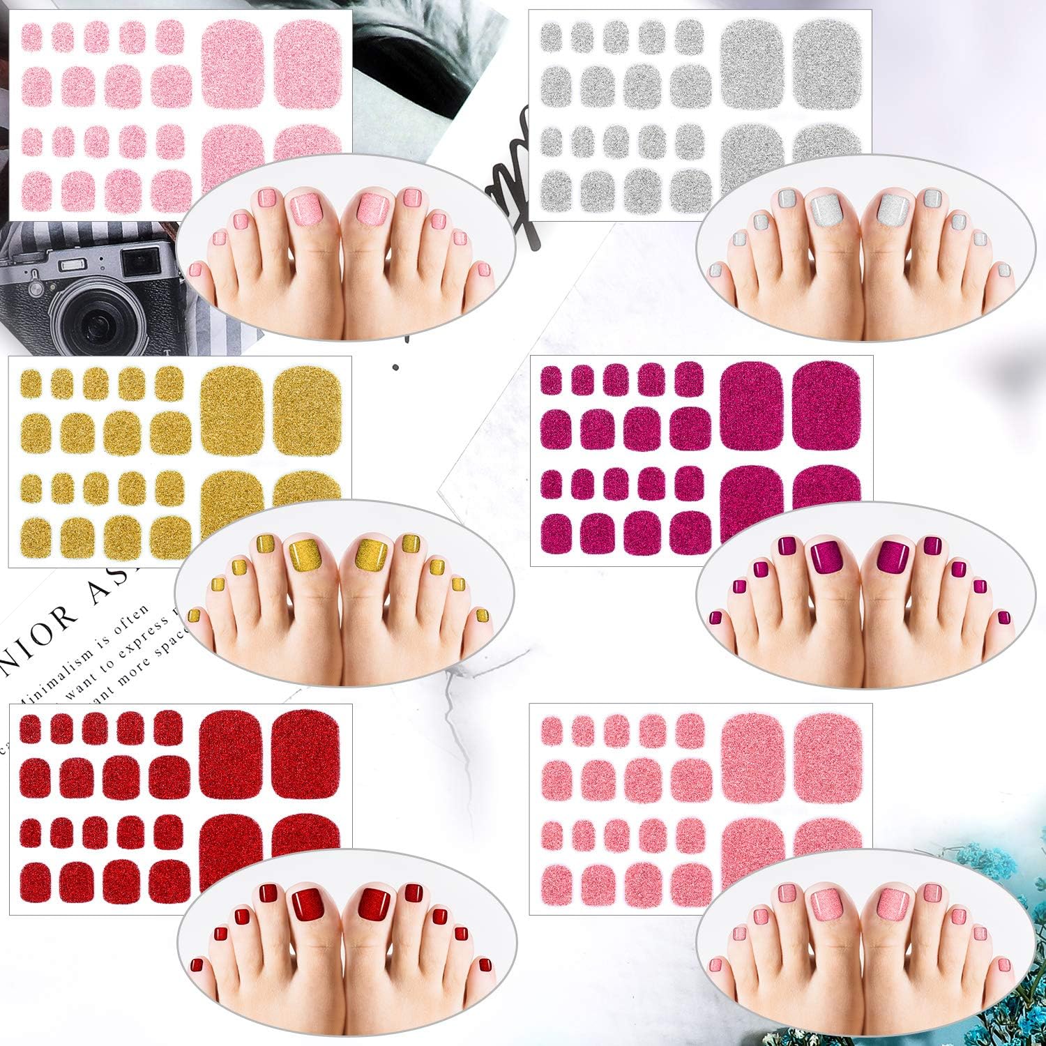 12 Sheets Glitter Toe Nail Wraps Self-Adhesive Toe Nail Polish Stickers Solid Color Nail Art Decals Strips Glittery Manicure Kit with 12 Styles and 2 Pieces Nail Files for Women Girls