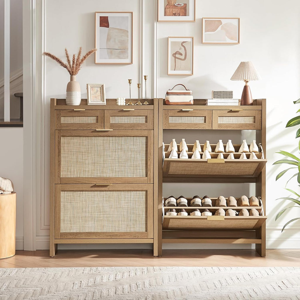 Rattan Shoe Storage Cabinet With 2 Drawers & 2 Flip Drawers – Hidden Slim Shoe Organizer For Entryway, Large Tabletop Space, Farmhouse Boho Narrow Shoe Rack, Rustic Oak