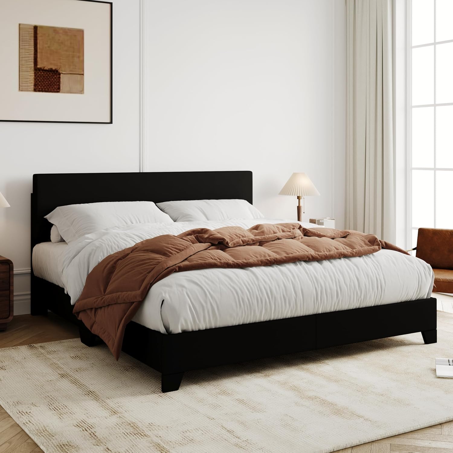 Allewie Queen Size Faux Leather Bed Frame, Adjustable Headboard, Black