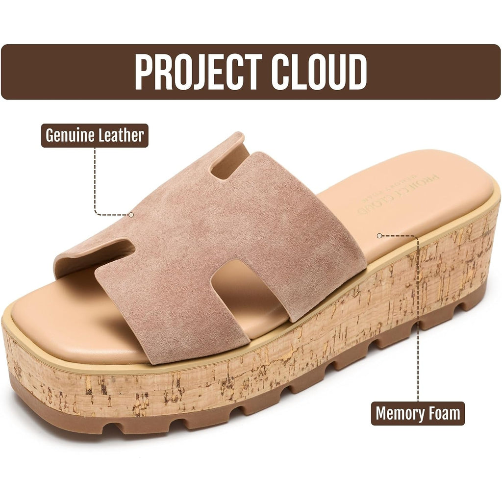 Project Cloud 100% Genuine Leather Wedge Platform Sandals Women Footwear - Memory Foam Insole And Non-Slip Platform Slides For Women - Lightweight Womens Sandals (Mila)