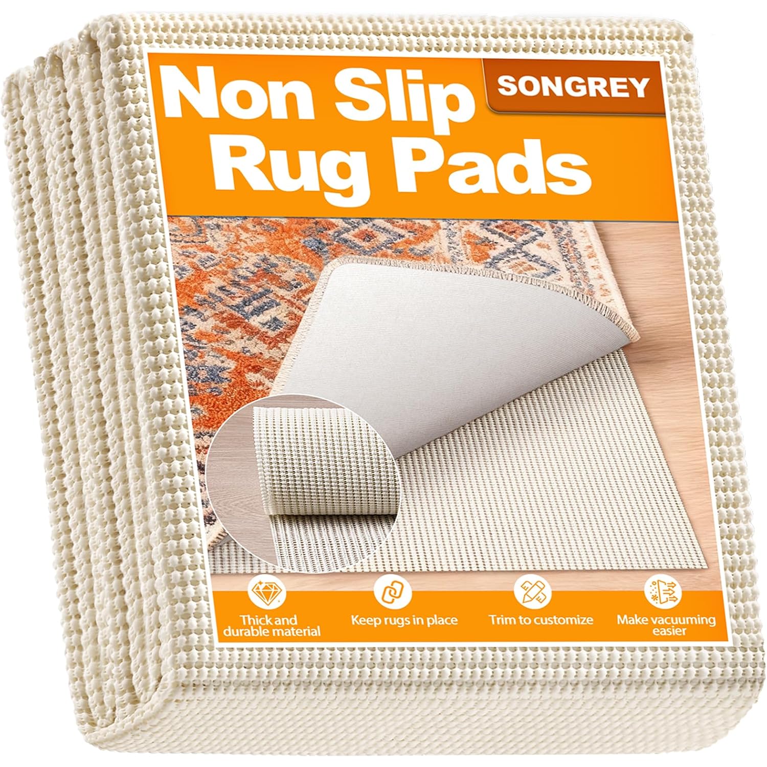 Songrey Non-Slip Rug Pad 5x7 FT, Extra Thick Carpet Pads for Hard Surfaces, Prevents Sliding and Secures Rugs, Provides Floor Protection with Comfort Cushioning