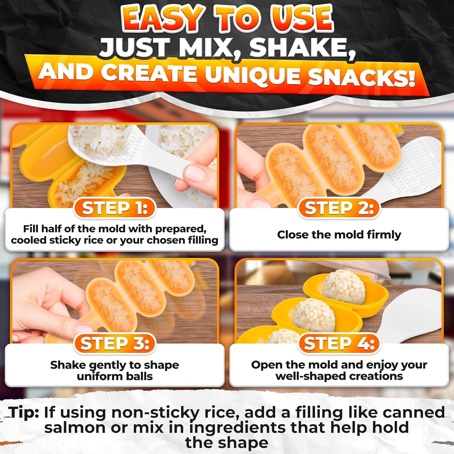Rice Ball Mold - Mini Rice Ball Maker Mold with 3 Bite-Size Portions, Plastic Shaker with Scoop for Fast Shake Shaping – Versatile Tool for Bento Meals, Temari Sushi, Yaki-Onigiri & Creative Plating
