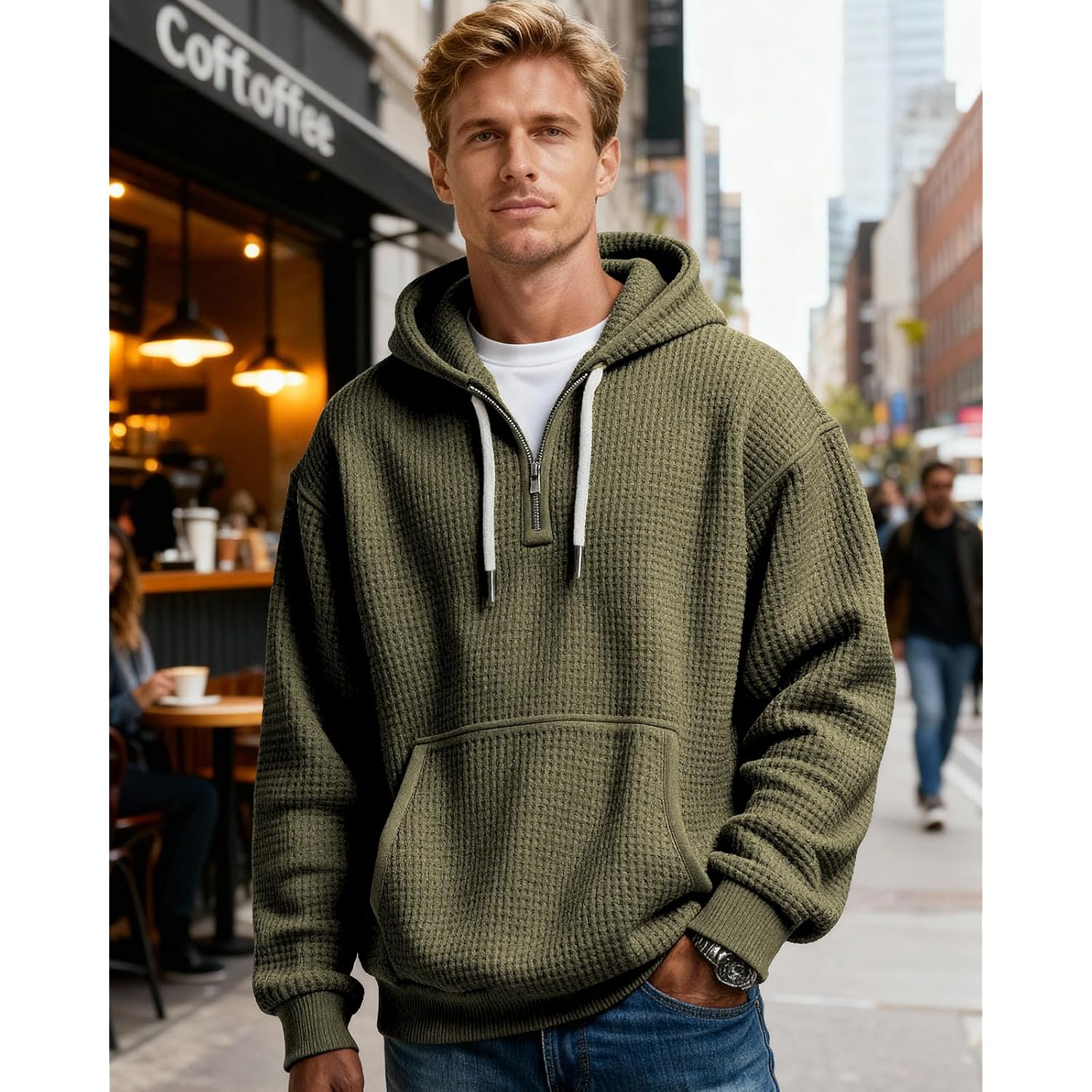 Pidogym Men'S Quarter Zip Hoodie Waffle Knit Pullover Long Sleeve Casual Loose Fit Sweatshirt Hooded Tops With Pockets