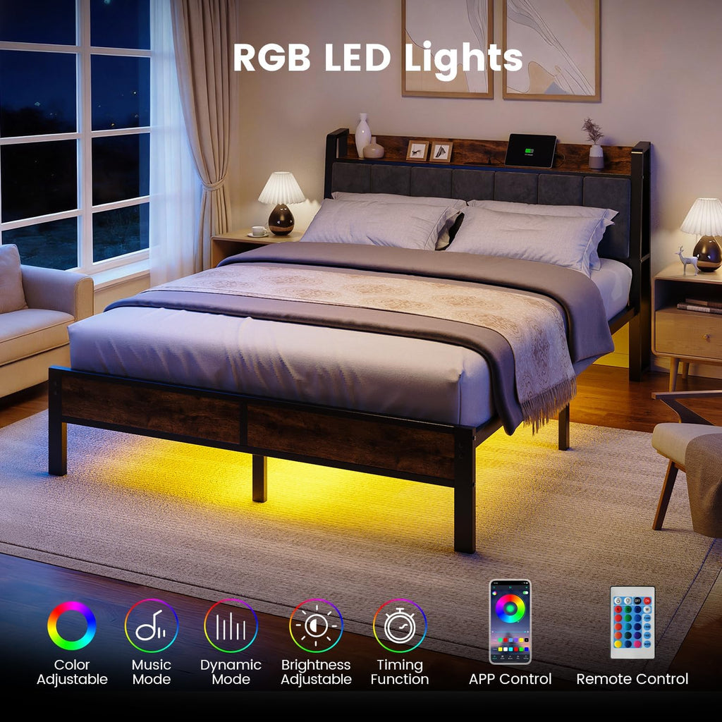 Liians Queen Size Bed Frame With Wood Headboard, Metal Platform Bed With Usb Charging Station And Smart Led Lights, No Box Spring Needed, Easy Assembly