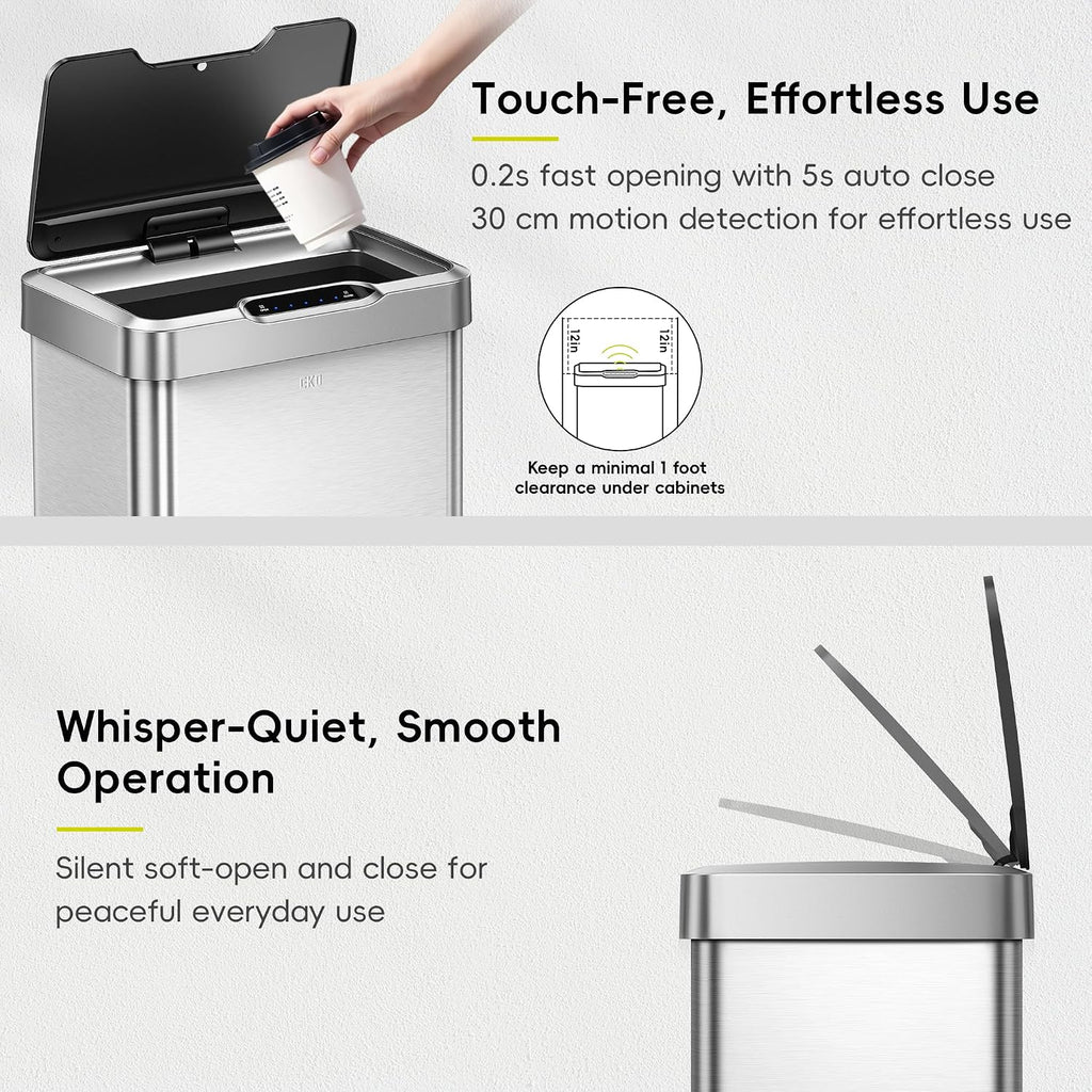 Eko Mirage-T 50 Liter / 13.2 Gallon Touchless Rectangular Motion Sensor Trash Can Or Recycling Bin, Brushed Stainless Steel Finish