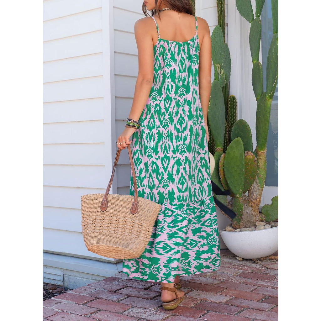 Dokotoo Women Summer Dresses 2026 Spaghetti Strap Scoop Neck Smocked Ruffle Flowy Boho Maxi Dress