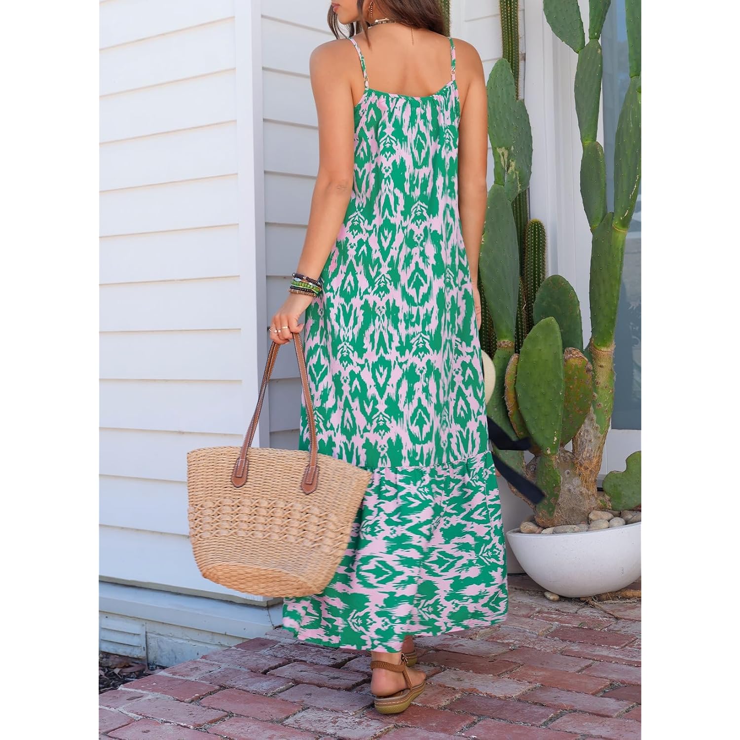 Dokotoo Women Summer Dresses 2026 Spaghetti Strap Scoop Neck Smocked Ruffle Flowy Boho Maxi Dress