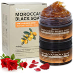 2 Pcs Moroccan Black Soap With Argan And Rose Oil, Spa Level Handmade Black Beldi Soap Exfoliating And Softening, Natural And Organic For Face, Body, Hair And Shave, Rose Scent, 5.29 Oz/150 G