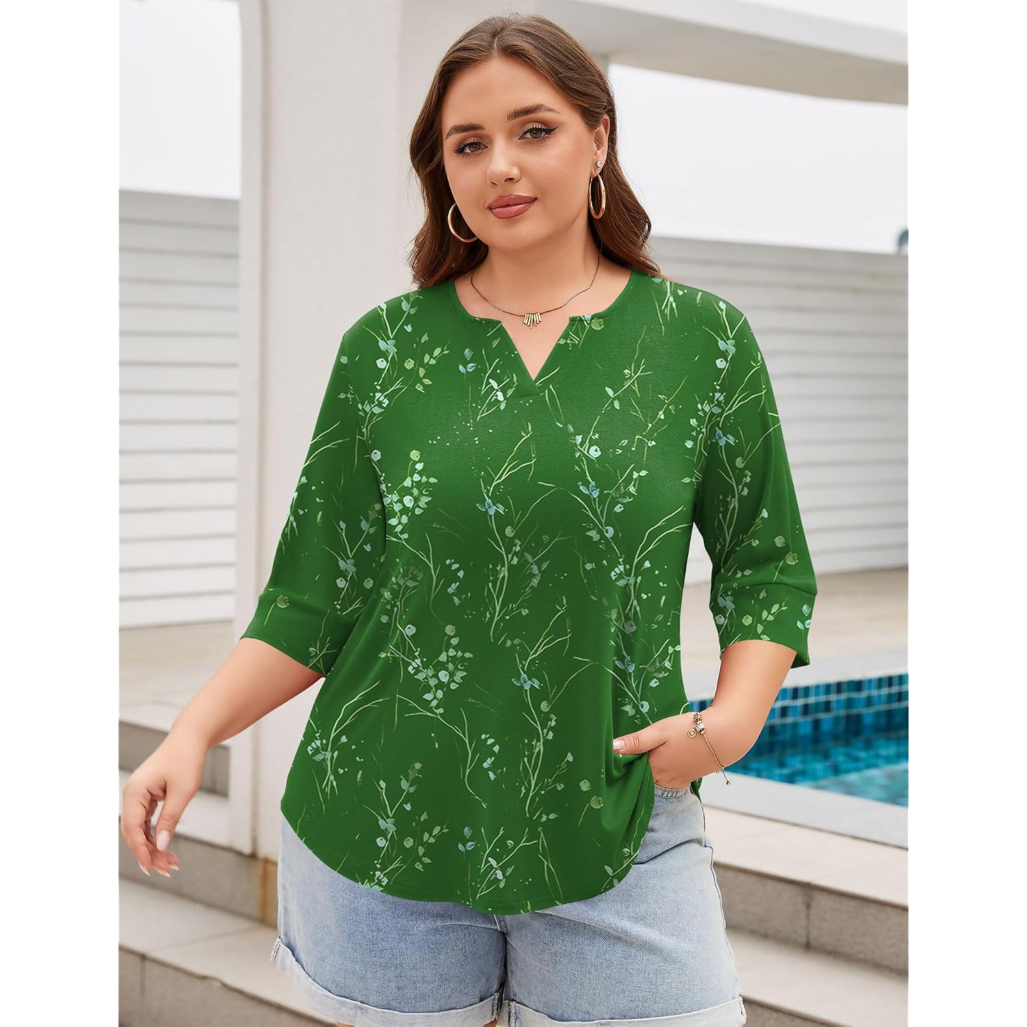 TFSDOD Plus Size Tops for Women V Neck T Shirt 3/4 Length Sleeve Blouse Dressy Casual Tee Loose Fit XL-5X