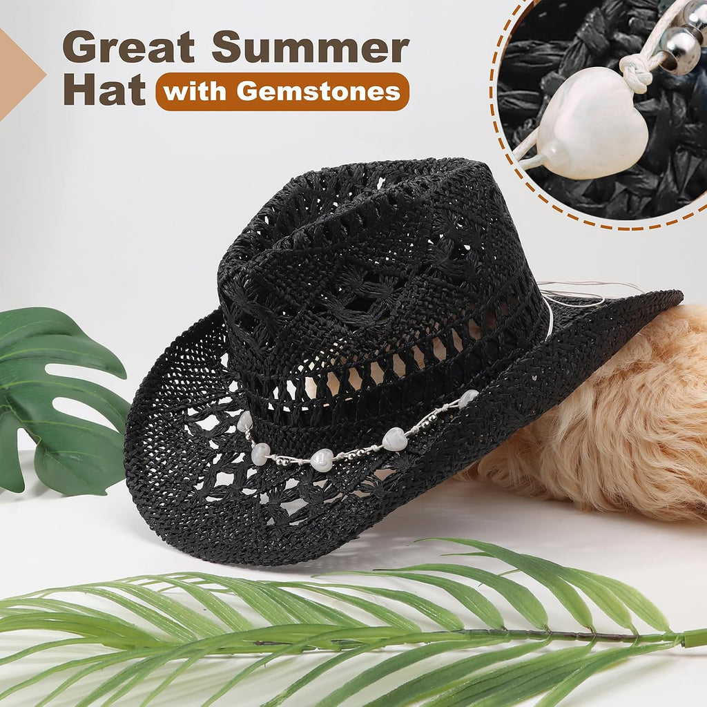 DRESHOW Straw Cowboy Cowgirl Hat for Women Men Western Coastal Cowboy Beach Hat with Shapeable Brim Unisex Rolled up Caps 1 Pack Hollowed Pattern: Black