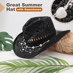 DRESHOW Straw Cowboy Cowgirl Hat for Women Men Western Coastal Cowboy Beach Hat with Shapeable Brim Unisex Rolled up Caps 1 Pack Hollowed Pattern: Black