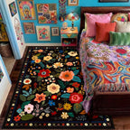 RELEANY Floral Nursery 5x7 Area Rugs Washable Print Boho Cute Carpet Non Slip Flower Low Pile for Living Room Kids Girls Playroom Bedroom Kitchen Office Farmhouse-Black