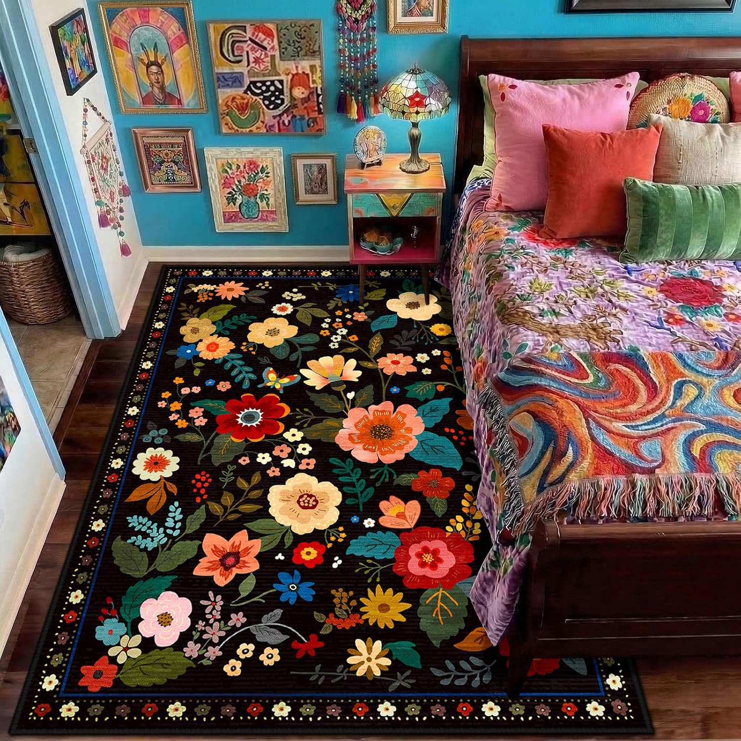 RELEANY Floral Nursery 5x7 Area Rugs Washable Print Boho Cute Carpet Non Slip Flower Low Pile for Living Room Kids Girls Playroom Bedroom Kitchen Office Farmhouse-Black