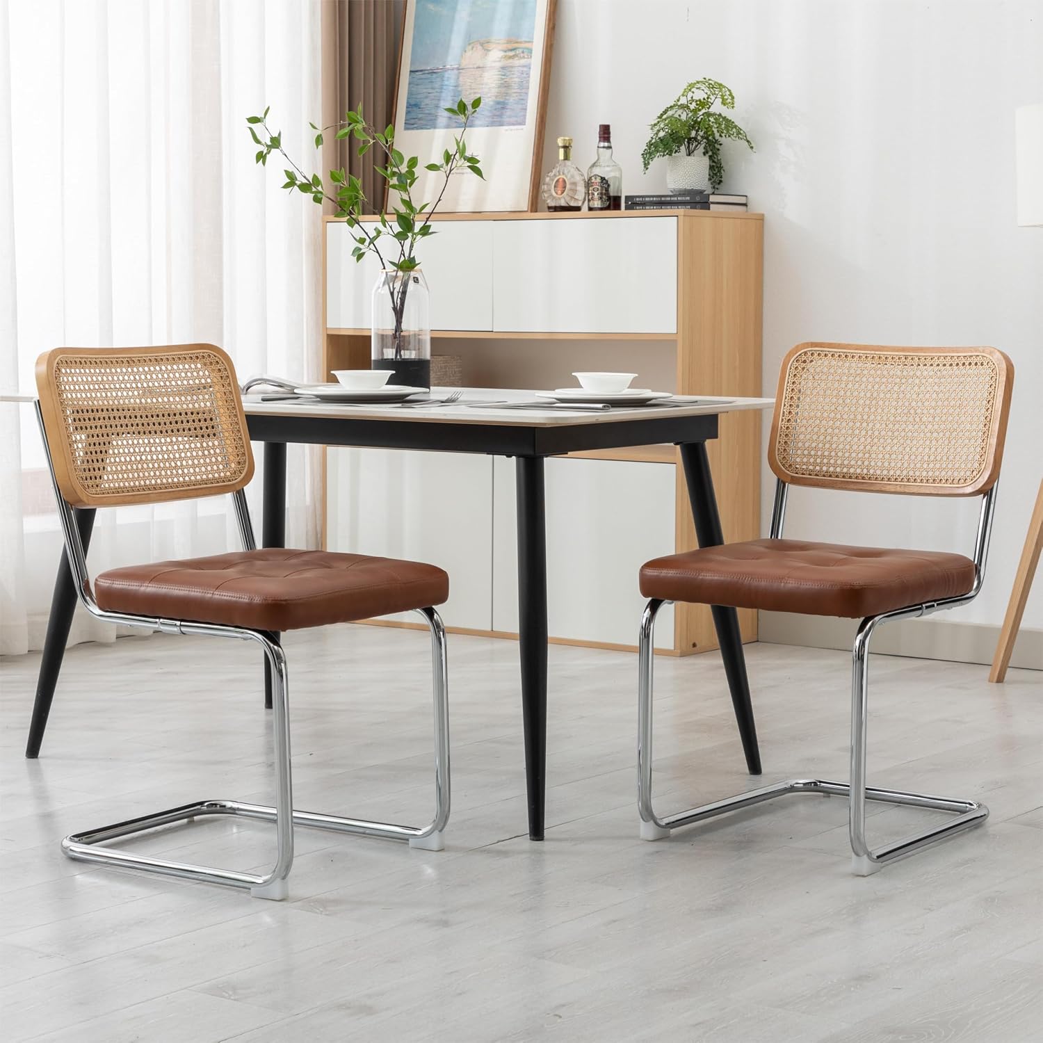 Mid Century Modern Dining Chairs Set Of 2, Faux Leather Rattan Dining Room Kitchen Side Chairs With Metal Legs And Upholstered Seat For Dining Room, Living Room, Bedroom,Brown