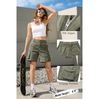 Bermuda Shorts for Women Cargo Shorts Knee Length 6 Pockets Elastic Waist Long Shorts for Summer Casual