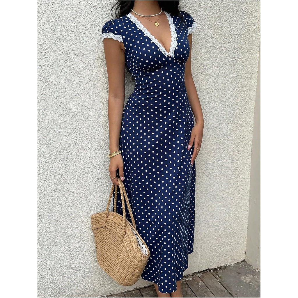Milumia Women'S Polka Dots Lace Trim Deep V Neck Dress Short Sleeve Flared Long Dresses