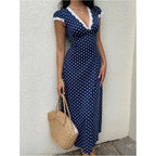 Milumia Women'S Polka Dots Lace Trim Deep V Neck Dress Short Sleeve Flared Long Dresses