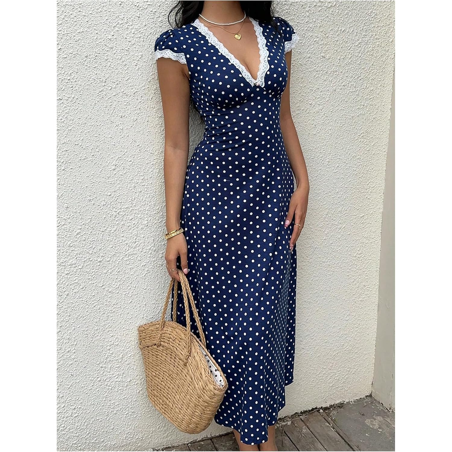Milumia Women'S Polka Dots Lace Trim Deep V Neck Dress Short Sleeve Flared Long Dresses