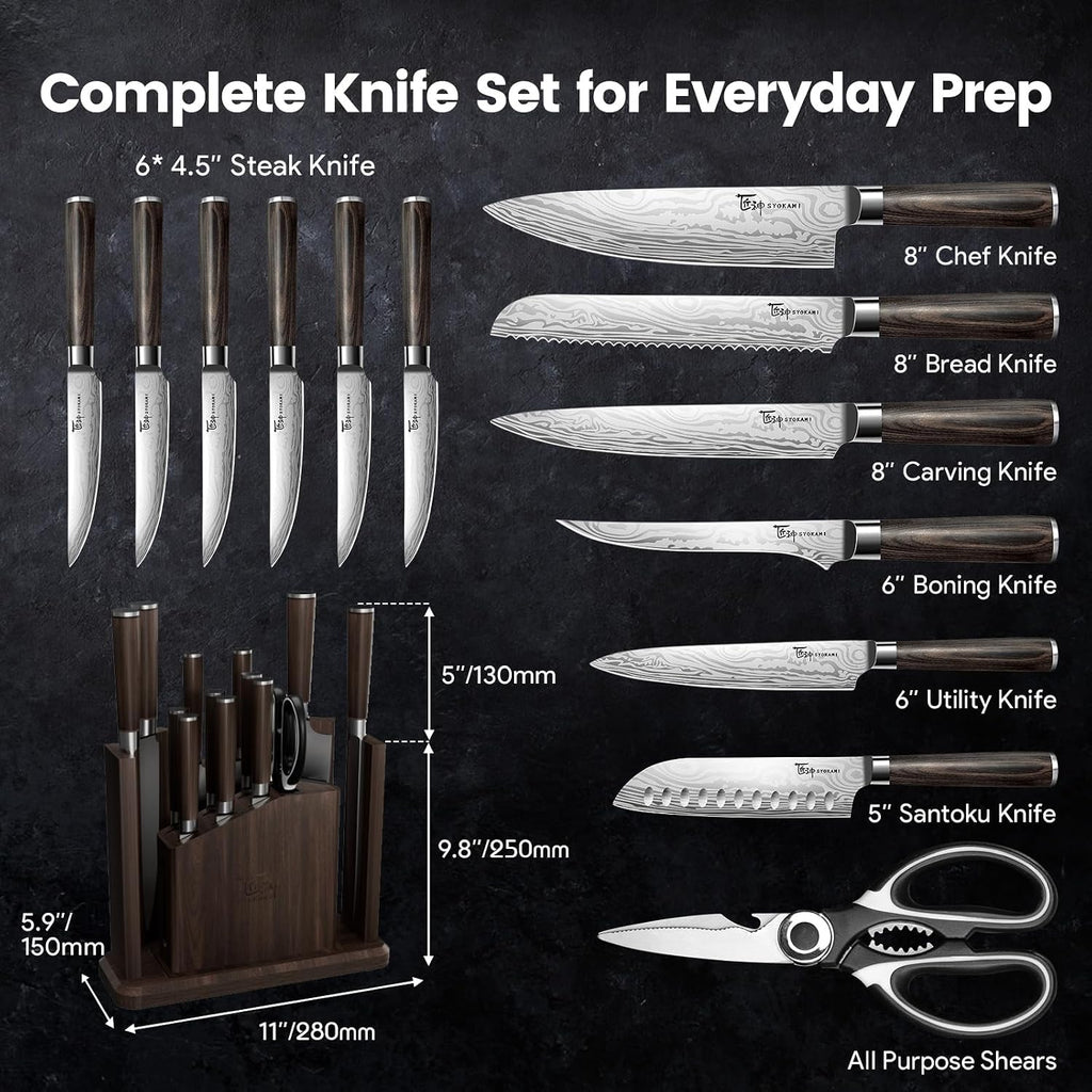 15-Piece Kitchen Knife Set With Magnetic Block, New For 2026, Detachable Steak Knife Block For Table Service, Built-In Sharpener, Wood Handle, Damascus Pattern, Housewarming Gifts