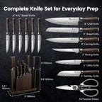 15-Piece Kitchen Knife Set With Magnetic Block, New For 2026, Detachable Steak Knife Block For Table Service, Built-In Sharpener, Wood Handle, Damascus Pattern, Housewarming Gifts