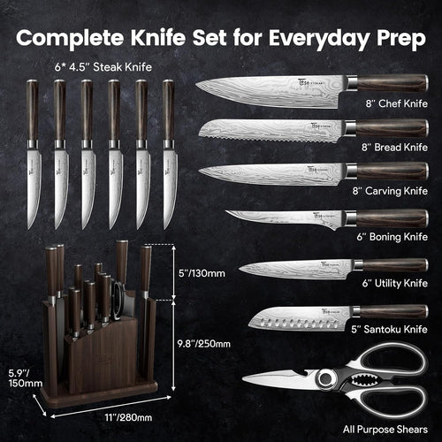 15-Piece Kitchen Knife Set With Magnetic Block, New For 2026, Detachable Steak Knife Block For Table Service, Built-In Sharpener, Wood Handle, Damascus Pattern, Housewarming Gifts