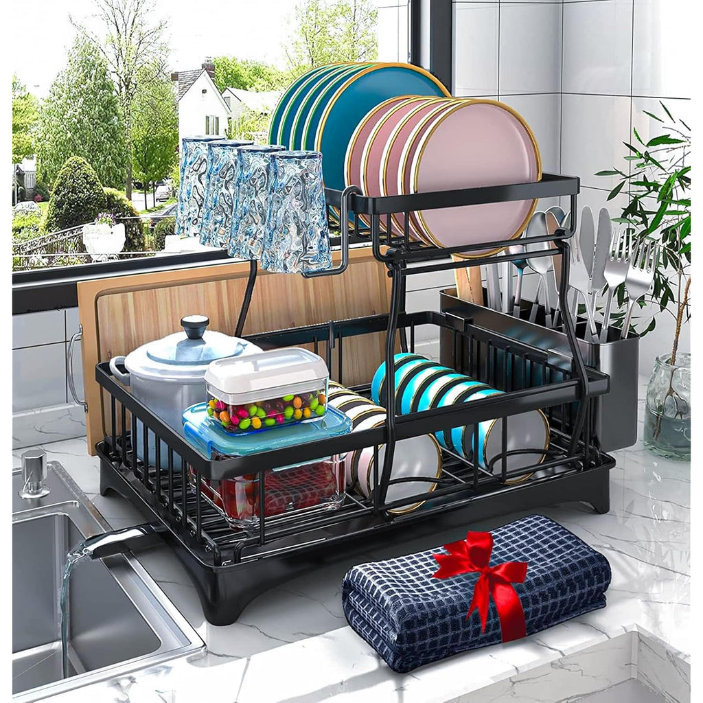 2-Tier Dish Drying Rack - Dish Rack With Auto Drain-To-Sink & Mat | Dish Racks For Kitchen Counter, Dish Drainer With Knife Fork & Cup Rack, Gifts For Women, Mothers Day, Kitchen Gadgets, Black