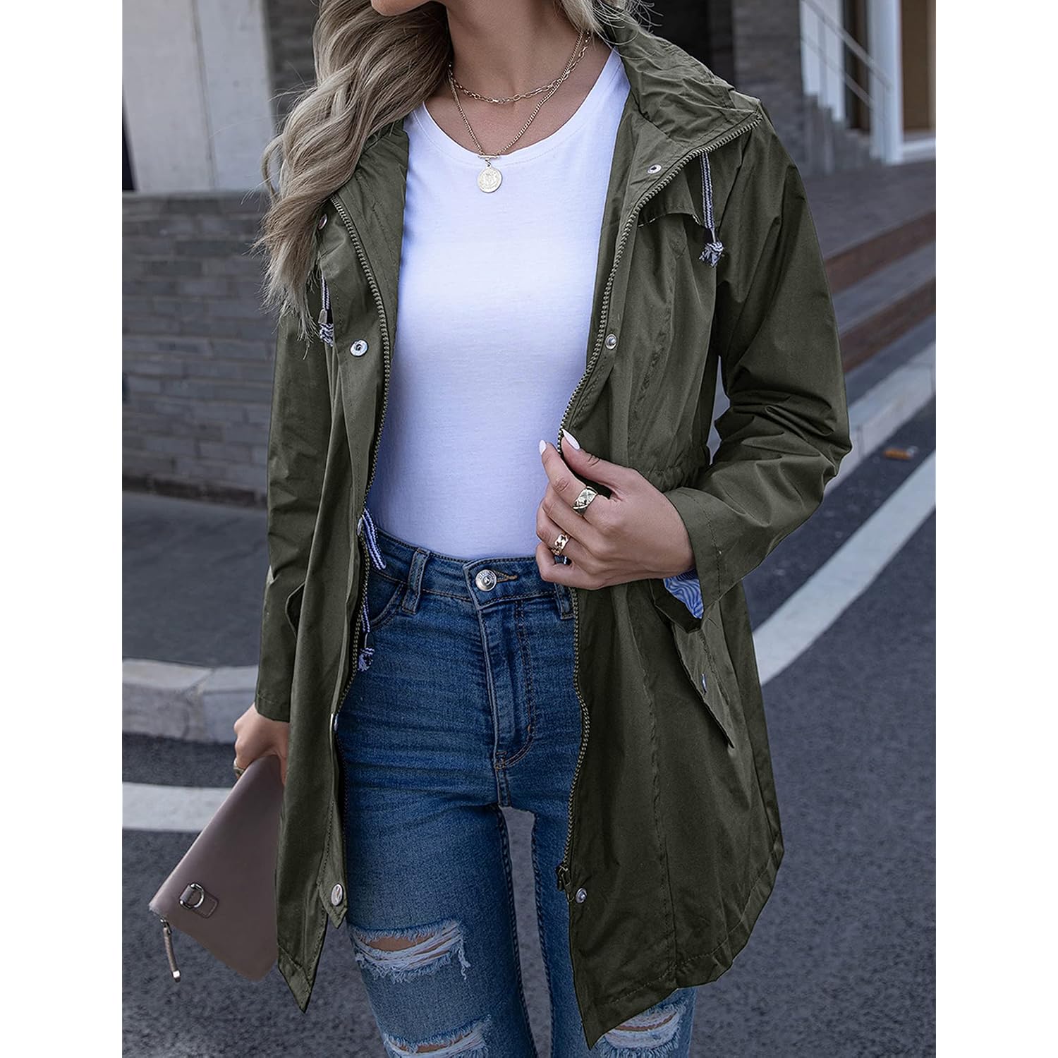 Rain Jacket Women Striped Lined Hooded Lightweight Raincoat Outdoor Waterproof Windbreaker