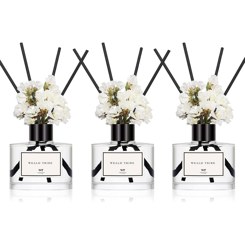 Real Flower Reed Diffuser Set Of 3 For Bathroom Air Fresheners, Oil Defusers | Fresh Linen/Ocean/Eucalyptus & Mint Scent(1.7 Fl Oz Each Pack) Home Fragrance With 12 Stick | Shelf Decor