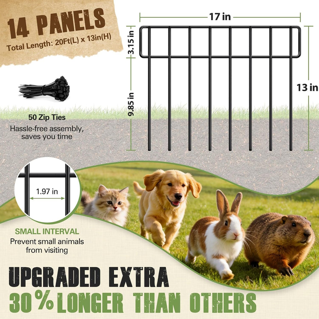 20Ft(L) X 13Inch(H) Animal Barrier Fence - 14 Pack Garden Fence Animal Barrier Garden Border Rustproof Metal No Dig Fence Panels For Dog Rabbit Defense Bottom Blocker For Outdoor Yard Patio