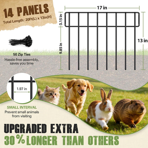 20Ft(L) X 13Inch(H) Animal Barrier Fence - 14 Pack Garden Fence Animal Barrier Garden Border Rustproof Metal No Dig Fence Panels For Dog Rabbit Defense Bottom Blocker For Outdoor Yard Patio