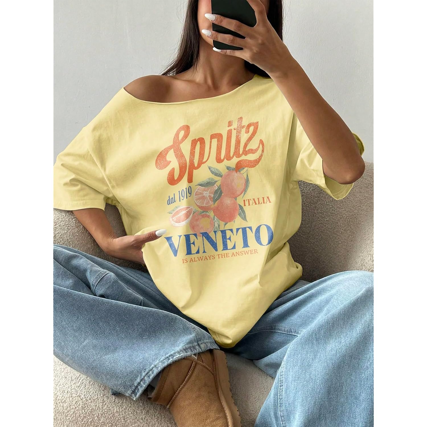 SOLY HUX Women's Off The Shoulder Graphic Tees Oversized Tops Short Sleeve Drop Shoulder Summer Baggy Tshirts Yellow Letter