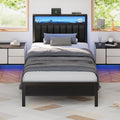 Twin Size Bed Frame With Charging Station And Led Lights, Platform Bed With Metal Slats, Grey Upholstered Headboard With 2-Tier Storage Shelves, No Box Spring Needed