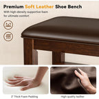 Shoe Rack Bench Entryway Storage With Leather Cushion, Shoe Organizer Bench For Entryway, Ideal For Front Doors Entrances Hallway Mudroom Featuring Rubberwood And 3 Height-Adjustable Removable Shelve