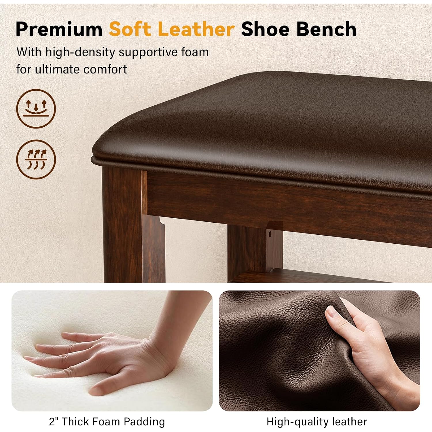 Shoe Rack Bench Entryway Storage With Leather Cushion, Shoe Organizer Bench For Entryway, Ideal For Front Doors Entrances Hallway Mudroom Featuring Rubberwood And 3 Height-Adjustable Removable Shelve