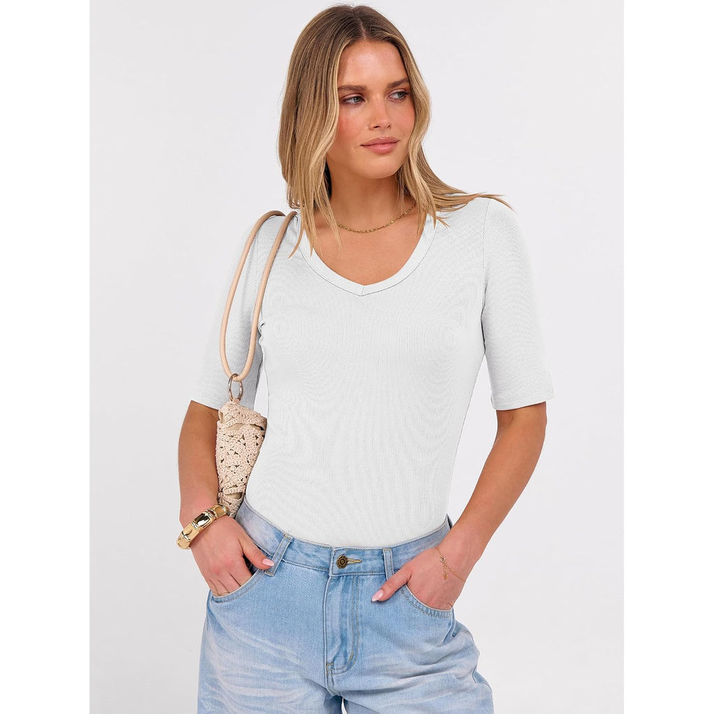 Anrabess Womens Half Sleeve Tops V Neck Ribbed Knit Slim Fit Basic T Shirts 2026 Summer Casual Tees Spring Trendy Clothes