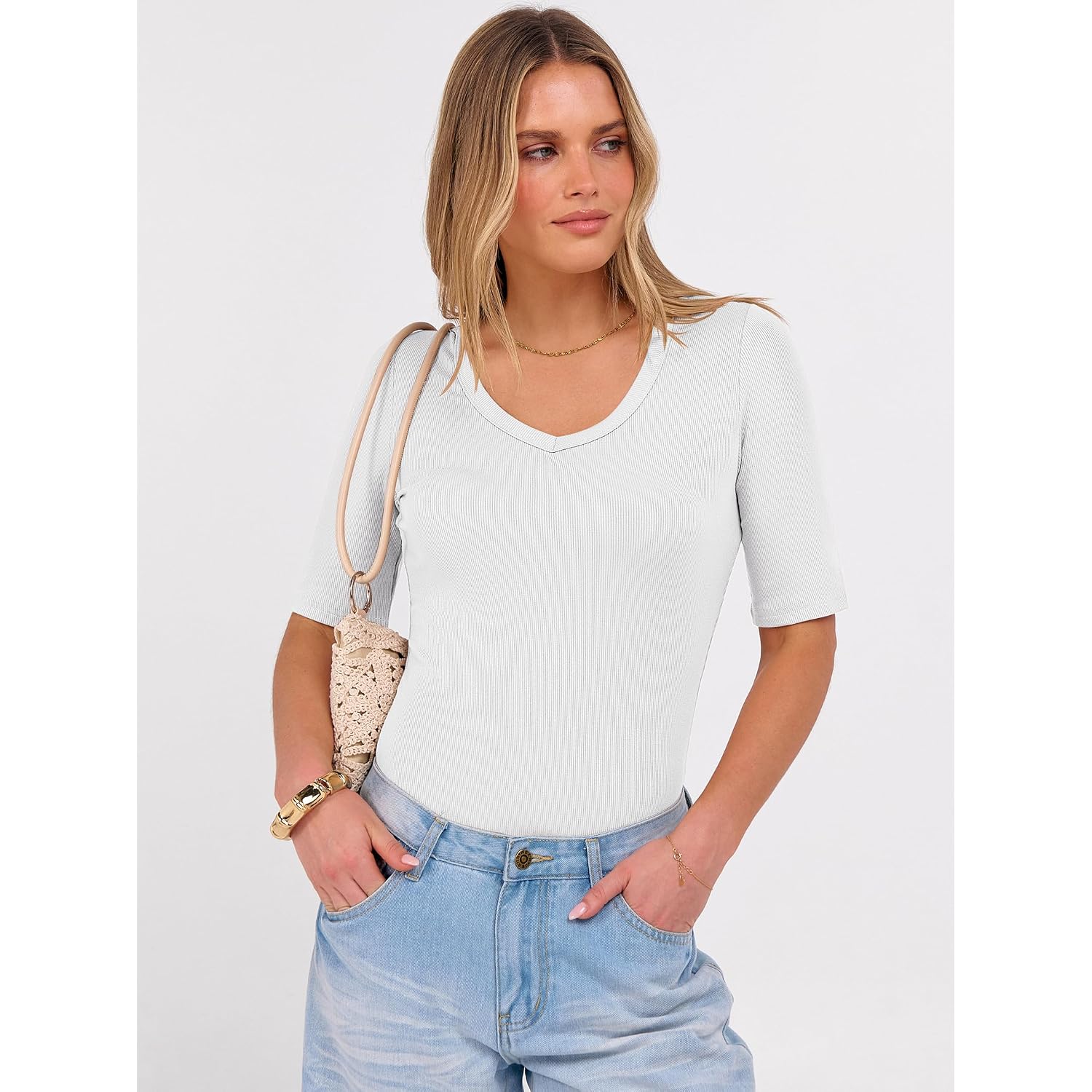 Anrabess Womens Half Sleeve Tops V Neck Ribbed Knit Slim Fit Basic T Shirts 2026 Summer Casual Tees Spring Trendy Clothes