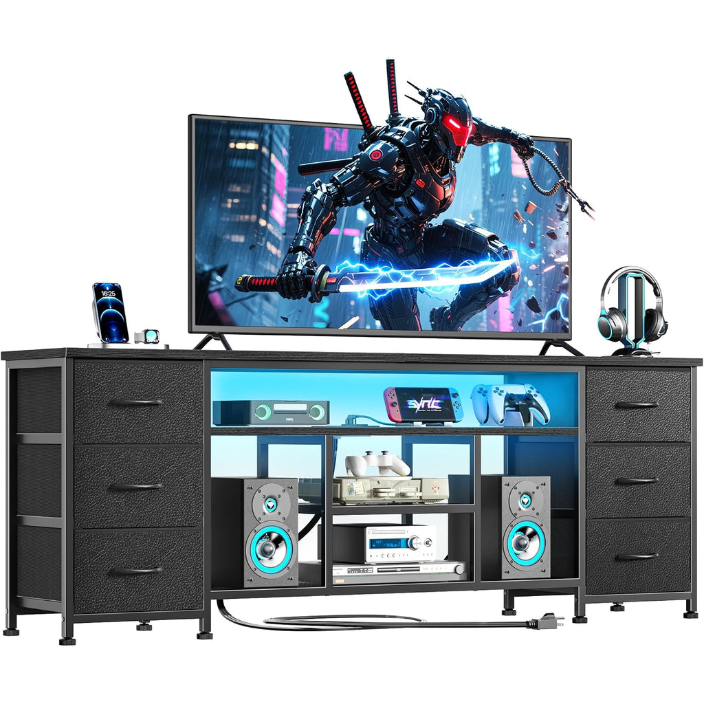 Furologee Led Tv Stand For 65, 70 Inch Tv, 63 Inch Entertainment Center With Power Outlets, 6 Fabric Drawers Dresser For Bedroom, Media Console With Open Shelves, Pu Leather Surface, Black