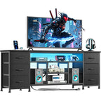 Furologee Led Tv Stand For 65, 70 Inch Tv, 63 Inch Entertainment Center With Power Outlets, 6 Fabric Drawers Dresser For Bedroom, Media Console With Open Shelves, Pu Leather Surface, Black
