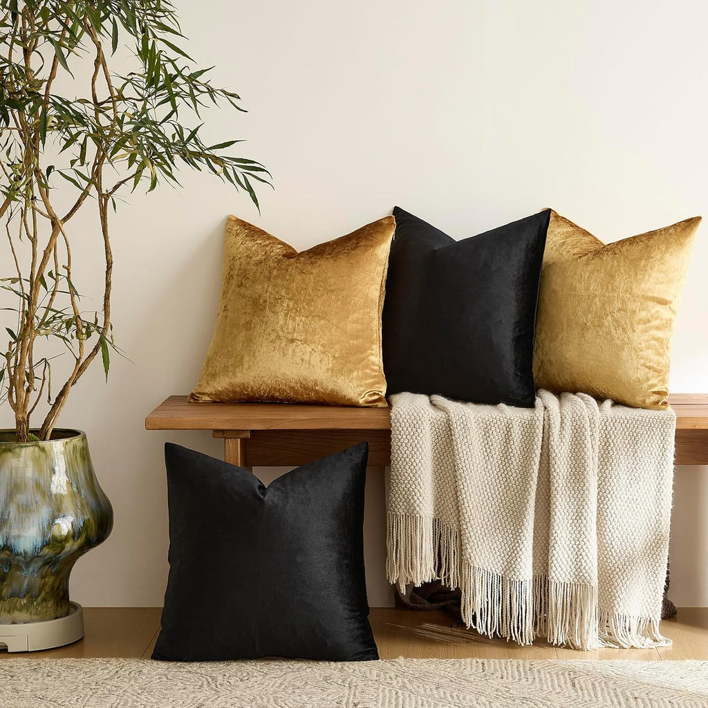 Gigizaza Decorative Throw Pillow Covers 18 X 18,Gold Black Soft, Set Of 4 Square Velvet Cushion Covers