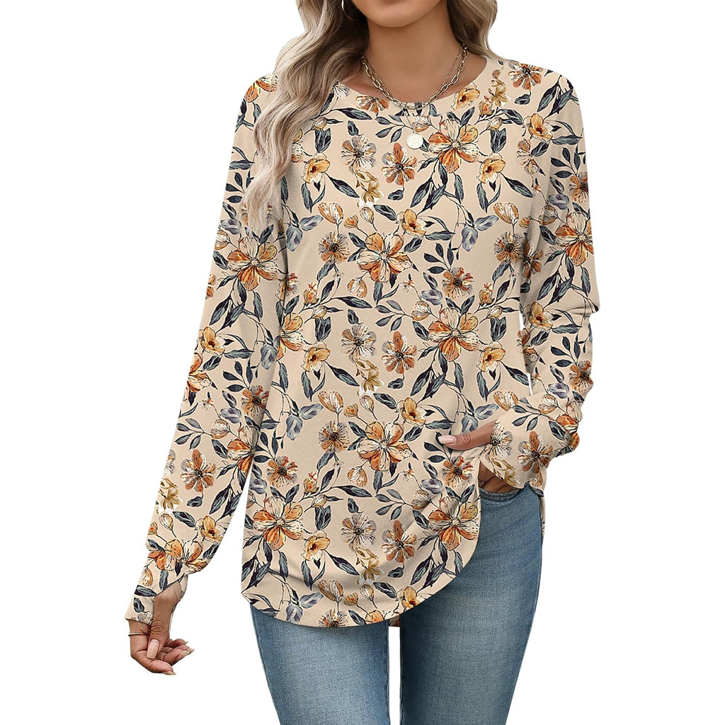 Zeagoo Women's Casual Long Sleeve Shirts Crew Neck Round Hem Loose T-Shirts Tunic Tops with Thumb Holes