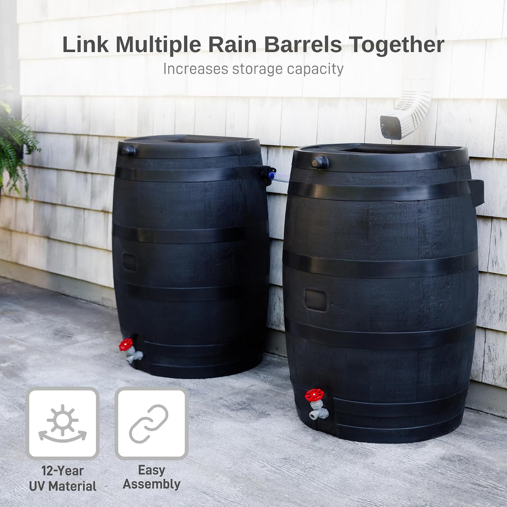 Rts Home Accents 50-Gallon Eco Rain Barrel Made With 100% Recycled Plastic, Flat Back Rain Water Collection Barrel, Black