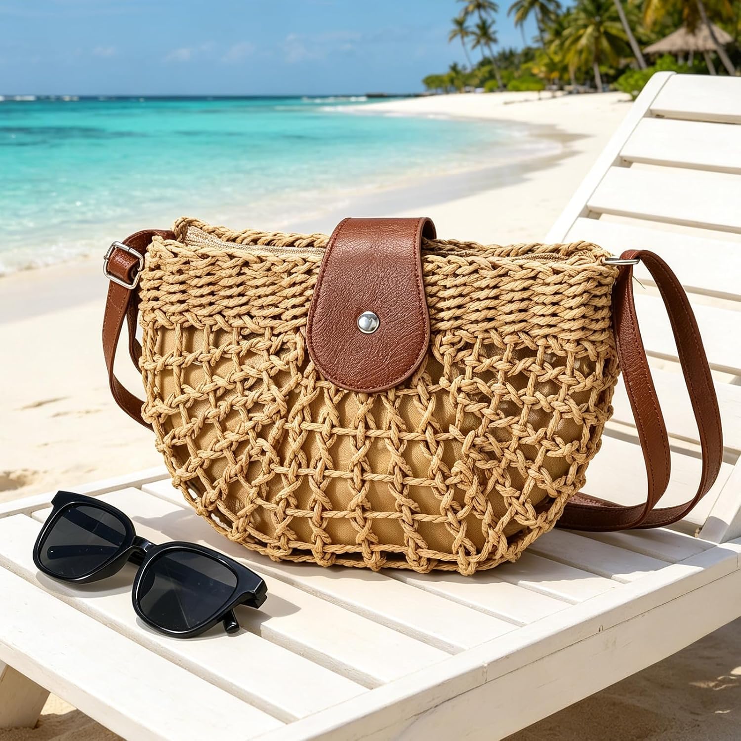 Straw Bag Beach Purse Summer Purses For Women Vacation Handbags Woven Crossbody Bags Straw Shoulder Bag