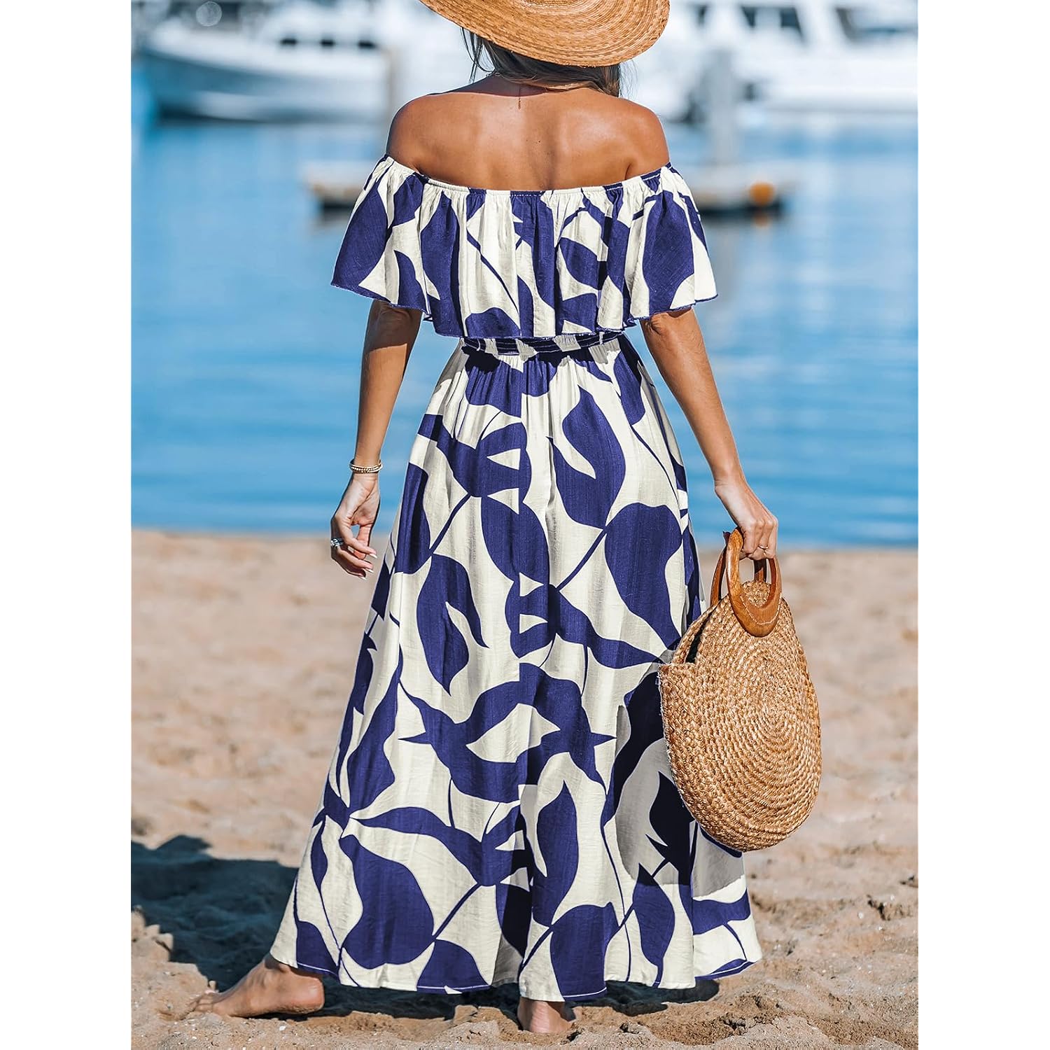 Cupshe Women Ruffle Floral Maxi Summer Dress Off Shoulder Short Sleeve Backless Flounce Bodice Slit Hem Beach Dresses