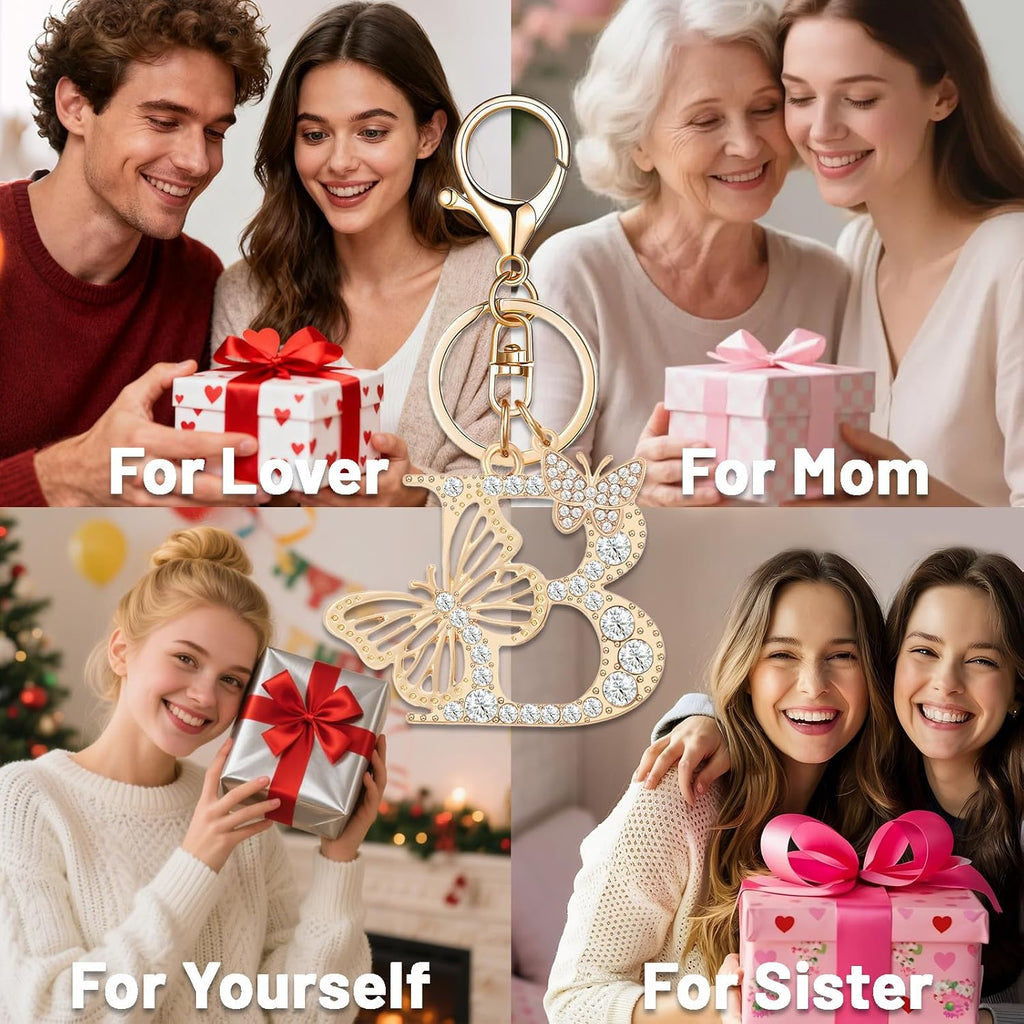 Gold Plated Alphabet Initial Letter Keyring Keychain for Women Girls Crystal Key Chains for Wallet Backpack Bag Charm