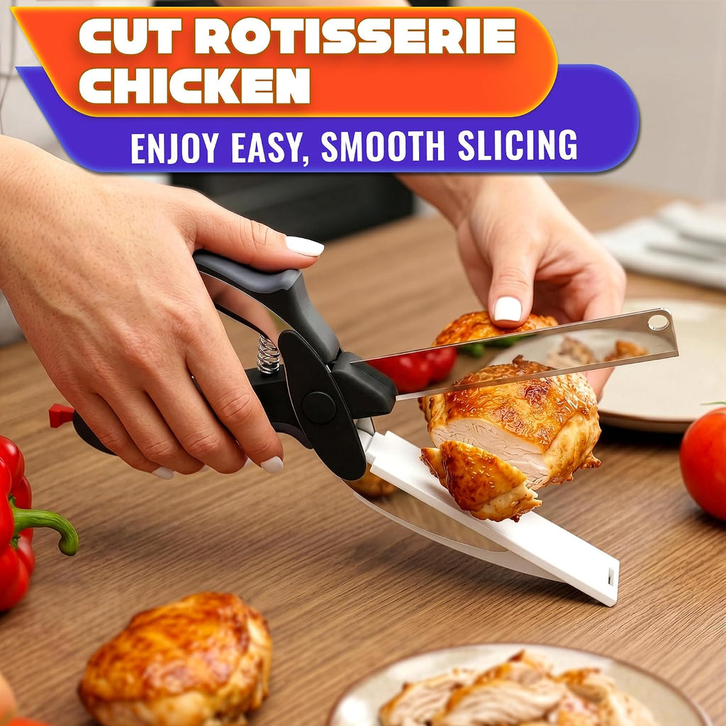 2 In 1 Kitchen Scissors For Food With Cutting Board, Safety Lock | Stainless Steel Cutting Board Scissors For Veggies, Fruit & Cheese; 9.5" Detachable Blade; Dishwasher Safe Tomato Knife