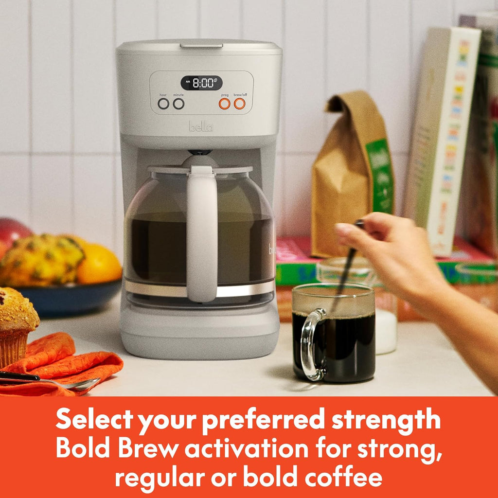 BELLA 12 Cup Programmable Coffee Maker, Reusable Dishwasher Safe Accessories, Easy LCD display, Auto Shutoff, 900 watt, Oatmilk
