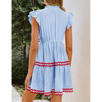 Zesica Women'S Summer Casual Mini Dress 2026 V Neck Flutter Short Sleeve Striped Ruffle A Line Beach Vacation Dresses