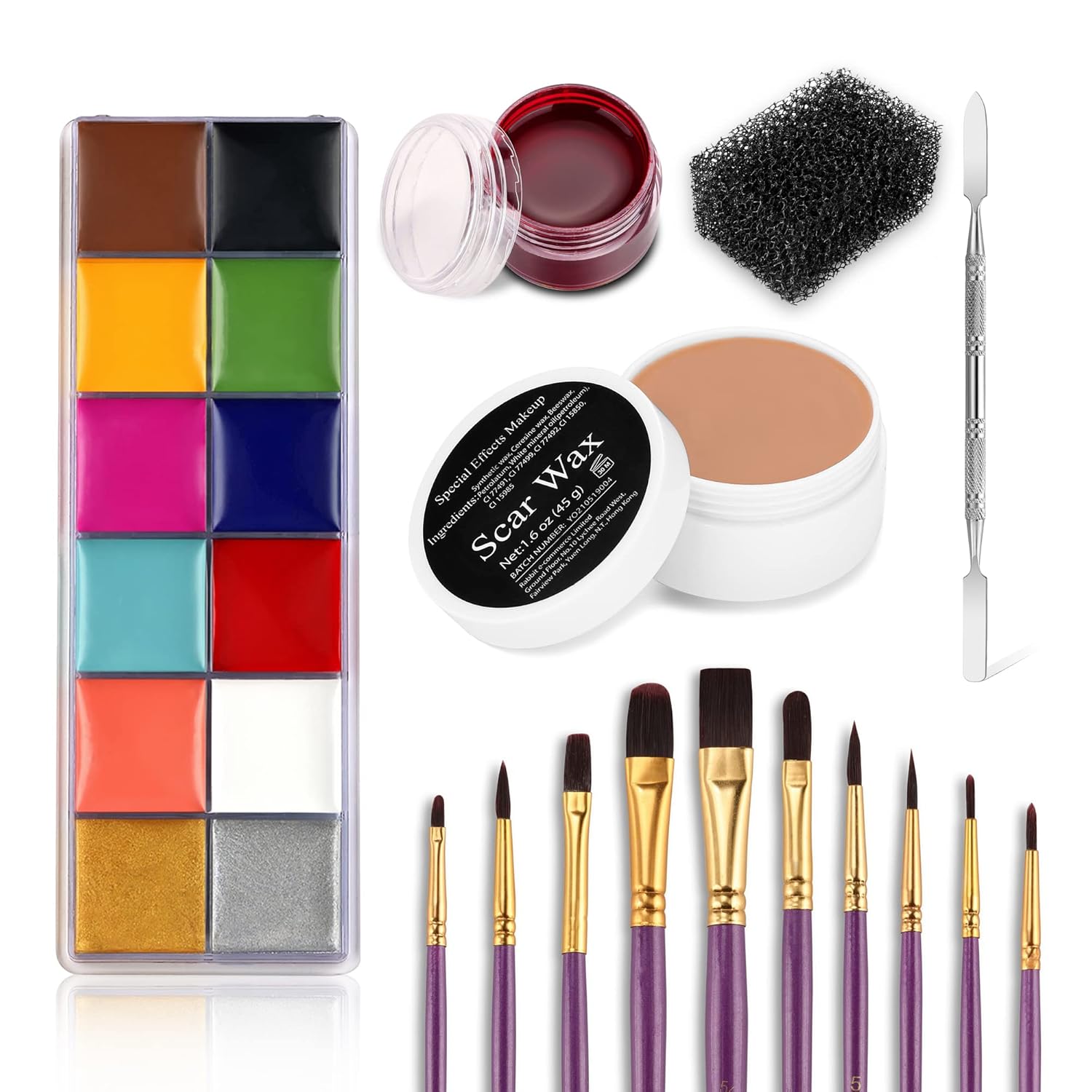 Professional Special Effects SFX Makeup Kit,12 Colors Face Body Paint Palette,Wound Modeling Scar Wax,Coagulated Fake Blood,10 Purple Brushes,Spatula Tool,Stipple Sponge for Halloween Costume