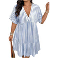 Soly Hux Women'S Plus Size Striped Ruffle Dress Summer Deep V Neck Half Sleeve Flowy Babydoll Dresses