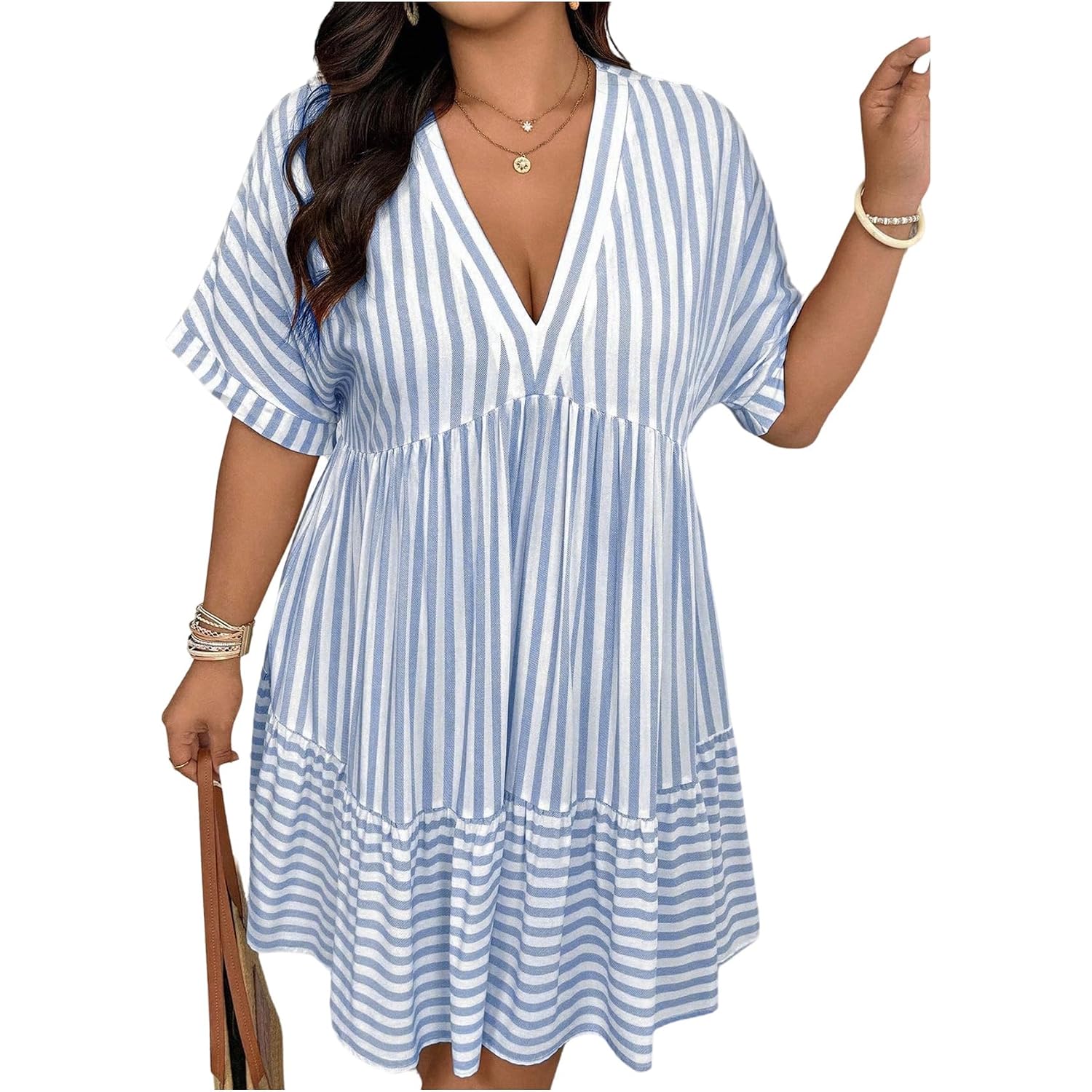Soly Hux Women'S Plus Size Striped Ruffle Dress Summer Deep V Neck Half Sleeve Flowy Babydoll Dresses